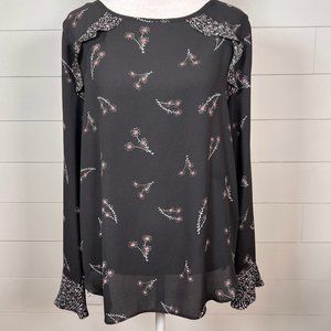 Loft Outlet Gray, Pink and White Long Sleeve Floral Ruffled Blouse Size M